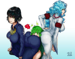 3girls ? ass ass-to-ass between_buttocks black_hair blue_background blue_dress blue_hair breasts dated dress fubuki_(one-punch_man) girl_sandwich glasses gradient_background green_dress green_eyes green_hair grin highres incest jewelry large_breasts leaning leaning_forward long_hair long_sleeves looking_back multiple_girls necklace one-punch_man pantylines psychos_(one-punch_man) psykos sandwiched shiny_clothes short_hair siblings sideboob sisters sitting sitting_on_face sitting_on_person skin_tight smile surprised tatsumaki the_golden_smurf thighs white_background wide_hips rating:Explicit score:170 user:armorcrystal