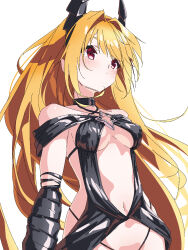  1girl bare_shoulders black_choker blonde_hair blush breasts choker commentary_request covered_erect_nipples criss-cross_halter demon_girl demon_horns expressionless eyebrows_hidden_by_hair floating_hair hair_between_eyes hair_intakes halterneck highres horns kame_0_0_kame konjiki_no_yami long_hair medium_breasts navel red_eyes simple_background sketch solo to_love-ru to_love-ru_darkness upper_body very_long_hair white_background 