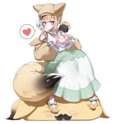  1girl absurdres animal_ear_fluff animal_ears black_hair blonde_hair blouse blush bow breasts brown_hat brown_jacket closed_mouth ear_ribbon fox_girl fox_hat fox_tail full_body green_skirt hat heart heart-shaped_pupils heart_hands high-waist_skirt highres hololive jacket long_skirt long_sleeves mary_janes medium_breasts multicolored_hair official_alternate_costume official_alternate_hair_length official_alternate_hairstyle omaru_polka omaru_polka_(street_casual) pink_hair puffy_long_sleeves puffy_sleeves purple_eyes see-through see-through_sleeves shirt shoes short_hair simple_background sitting skirt solo spoken_heart streaked_hair sui_hi_sf symbol-shaped_pupils tachi-e tail two-tone_skirt virtual_youtuber white_background white_shirt white_skirt zain 