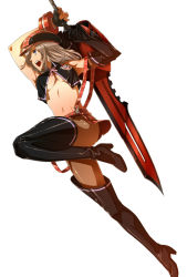 1girl alisa_ilinichina_amiella beret blonde_hair blue_eyes boots breasts god_eater god_eater_burst hat highres long_hair navel open_mouth pantyhose pixiv_sample real_xxiii resized simple_background skirt solo sword thigh_boots thighhighs underboob weapon white_background