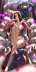  1girl bare_legs black_hair blue_eyes boa_hancock breasts cleavage closed_mouth crossed_legs earrings epaulettes hand_on_own_chin heart high_heels highres jewelry large_breasts liang_xing long_hair looking_at_viewer no_bra one_piece salome_(one_piece) shoe_dangle sitting smile snake snake_earrings solo thighs throne toes very_long_hair 