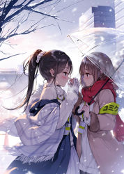 2girls armband badge black_legwear blue_eyes blush branch breath breathing breathing_on_hands bridge brown_hair building character_request checkered_clothes checkered_scarf cityscape coat comiket commentary_request copyright_request day enpera eye_contact facing_another fur-trimmed_sleeves fur_trim gloves hair_between_eyes hair_down hairband hand_grab hands_up highres holding holding_umbrella id_card ke-ta light_brown_hair long_hair long_sleeves looking_at_another multiple_girls open_clothes open_coat open_mouth outdoors oversized_clothes pantyhose parted_lips ponytail red_eyes red_neckwear ribbed_sweater scarf scrunchie shawl skirt snow snowflakes snowing standing sweater toy_block train transparent transparent_umbrella tree umbrella white_gloves white_skirt winter yuri rating:General score:13 user:danbooru