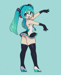  1girl adapted_costume ass black_gloves black_skirt black_thighhighs blue_background blue_eyes blue_hair blue_necktie blush breasts byackopath_(artist) collared_shirt full_body gloves gradient_hair hair_ornament hatsune_miku headphones high_heels long_hair looking_at_viewer looking_back medium_breasts microskirt multicolored_hair necktie outstretched_arms panties shirt simple_background skindentation skirt sleeveless sleeveless_shirt smile solo standing thick_thighs thighhighs thighs twintails underwear vocaloid white_footwear white_panties white_shirt 