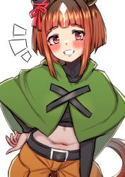  1girl absurdres animal_ears belt black_belt blunt_bangs blush bow breasts brown_hair cargo_shorts cloak commentary_request cosplay covered_collarbone cowboy_shot creatures_(company) crop_top cropped_shirt ear_ornament ear_ribbon game_freak gardenia_(pokemon) gardenia_(pokemon)_(cosplay) green_cloak grin gupunetsu hand_on_own_hip highres horse_ears horse_girl horse_tail long_sleeves looking_at_viewer medium_breasts midriff multicolored_hair navel nintendo notice_lines orange_shorts pokemon pokemon_dppt red_eyes shirt short_hair short_hair_with_long_locks shorts sidelocks simple_background smile solo standing tail teeth transcend_(umamusume) umamusume white_background white_hair 