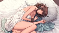 1girl ass bare_arms bare_shoulders bed bed_sheet bracelet breasts brown_hair cleavage collarbone earrings fingernails highres jewelry lips long_hair lying medium_breasts metal_max metal_max_xeno nude oda_non official_art on_side parted_lips pillow simple_background sleeping solo thighs toni_(metal_max_xeno) rating:Sensitive score:73 user:danbooru