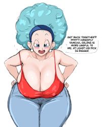  1girl afro bare_shoulders blue_eyes blue_hairband blush breasts bulma cleavage covered_erect_nipples dragon_ball dragonball_z earrings english_text female_focus green_hair groin hairband hands_on_own_hips highres huge_breasts jewelry leaning_forward legs looking_at_viewer off_shoulder open_mouth simple_background solo speech_bubble standing thick_thighs thighs ultivlad white_background  rating:Questionable score:166 user:Ynyswydryn