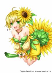  1girl :d ahoge bare_legs bare_shoulders blonde_hair breasts cleavage copyright_name eighth_note flower green_eyes green_footwear hair_flower hair_ornament musical_note neckwear_request official_art open_mouth riding shinkai_no_valkyrie short_hair simple_background smile solo sunflower white_background yoshino35 