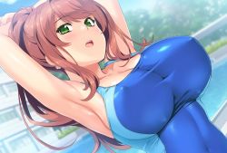  1girl :o arched_back armpits arms_behind_head blue_sky blue_one-piece_swimsuit blush breasts brown_hair building cleavage cloud collarbone competition_swimsuit covered_erect_nipples covered_navel day dutch_angle earrings eyebrows fingernails flower_earrings forest game_cg green_eyes highres house inosaki_mako jewelry large_breasts long_hair looking_at_viewer mochizuki_nozomu nature ole-m one-piece_swimsuit open_mouth outdoors plant ponytail pool round_teeth saimin_class_wonderful side_ponytail sitting skin_tight sky solo swimsuit tareme teeth tree water  rating:Sensitive score:49 user:fumanchu85