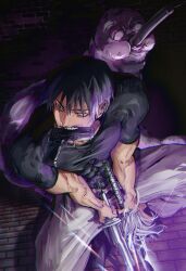  1boy absurdres black_hair demon from_above fushiguro_touji highres jujutsu_kaisen lailu looking_at_viewer looking_to_the_side male_focus mature_male muscular muscular_male pectorals purple_light scar scar_on_face scar_on_mouth short_hair smile solo triple_wielding weapon_in_mouth 