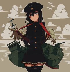  1girl akitsu_maru_(kancolle) bird black_hair black_hat black_skirt black_thighhighs breasts brown_eyes closed_mouth cloud covered_erect_nipples gloves hat kantai_collection large_breasts looking_at_viewer maikeru_(dk_maikel) military military_uniform outdoors peaked_cap pleated_skirt rigging skirt sky solo thighhighs uniform water white_gloves 