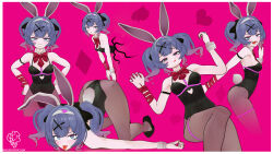  1girl :p animal_ear_hairband animal_ears artist_logo artist_name black_leotard black_pantyhose blender_(medium) bow bowtie cleavage_cutout clothing_cutout commentary crovoclash detached_collar diamond_(shape) english_commentary facial_mark fake_animal_ears fake_tail fishnet_pantyhose fishnets from_side full_body hair_ornament hairband hatsune_miku heart highres leotard looking_at_viewer multiple_views nontraditional_playboy_bunny pantyhose pink_background playboy_bunny purple_hair rabbit_ear_hairband rabbit_ears rabbit_hole_(vocaloid) red_bow red_bowtie red_ribbon ribbon squinting tail teeth tongue tongue_out twintails x_hair_ornament 