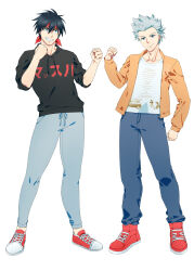  2boys absurdres alternate_costume animal_print black_hair black_hoodie blue_eyes brown_jacket casual cat_print clenched_hands closed_mouth clothes_writing commentary copyright_name denim full_body grey_hair grin hand_up hands_up headband highres hood hood_down hoodie inohara_masato jacket jeans little_busters! long_sleeves looking_at_viewer male_focus miyazawa_kengo multiple_boys natsuoto_rito open_clothes open_jacket pants red_footwear red_headband shirt shoes short_hair side-by-side simple_background sleeves_rolled_up smile sneakers spiked_hair standing tachi-e v-shaped_eyebrows white_background white_shirt 