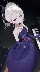 1girl absurdres blue_archive blush cocktail_glass cup demon_horns dress drinking_glass earrings elbow_gloves gloves halo highres hina_(blue_archive) hina_(dress)_(blue_archive) holding holding_cup horns instrument jewelry kurokuro_rakuga looking_at_viewer necklace official_alternate_costume piano piano_bench purple_dress purple_eyes purple_gloves smile solo white_hair 