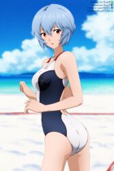  1girl ass ayanami_rei bare_arms beach black_one-piece_swimsuit blue_hair blue_sky blurry blurry_background bob_cut breasts cloud competition_swimsuit cowboy_shot hair_between_eyes highres medium_breasts neon_genesis_evangelion ocean one-piece_swimsuit open_mouth red_eyes short_hair shugo19 sky solo standing swimsuit two-tone_swimsuit white_one-piece_swimsuit  rating:Sensitive score:37 user:danbooru