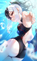  1girl air_bubble alternate_costume ass bare_shoulders black_hair black_horns blue_archive blurry blush breasts bubble commentary_request demon_horns demon_wings depth_of_field foreshortening hair_between_eyes halo highres horns kaiso_(kaisooekaki) kayoko_(blue_archive) looking_at_viewer looking_back multicolored_hair one-piece_swimsuit parted_lips ponytail short_hair single_wing smile swimsuit two-tone_hair underwater water white_hair wings 