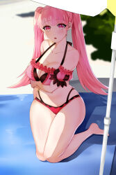  1girl absurdres bare_shoulders barefoot beach beach_towel beach_umbrella bikini blurry blurry_background breasts cleavage collarbone female_focus fire_emblem fire_emblem:_three_houses highres hilda_valentine_goneril hilda_valentine_goneril_(summer) large_breasts light_blush long_hair looking_at_viewer matching_hair/eyes navel nintendo off-shoulder_bikini off_shoulder official_alternate_costume outdoors parted_lips pink_bikini pink_eyes pink_hair sitting solo swimsuit tara_(szzj7733) thighs towel twintails umbrella wariza  rating:Sensitive score:1 user:Groveman