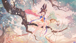  1girl :d ankle_flower artist_name atdan bare_legs barefoot blush branch brown_hair chinese_clothes commentary copyright_request dress falling_petals flower full_body hair_ears hair_flower hair_ornament hair_rings highres in_tree long_hair long_sleeves looking_at_viewer open_mouth original petals sitting sitting_in_tree smile solo symbol-only_commentary tree wide_sleeves yellow_dress  rating:Sensitive score:13 user:danbooru