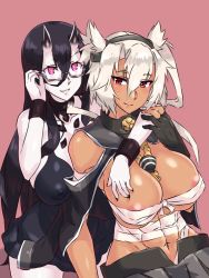 10s 2girls abs abyssal_ship adjusting_eyewear areola_slip arm_over_shoulder bare_shoulders battleship_princess bespectacled black_dress black_hair blonde_hair blush breasts capelet collar colored_skin covered_erect_nipples dark-skinned_female dark_skin dress female_focus fingerless_gloves glasses gloves grey-framed_glasses hair_between_eyes hair_ornament hairband headgear horns kantai_collection kikumon large_breasts long_hair looking_at_viewer mizuumi_(bb) multiple_girls musashi_(kancolle) musashi_kai_(kancolle) muscular muscular_female navel pointy_hair red_eyes revision sarashi semi-rimless_eyewear short_dress short_hair short_hair_with_long_locks simple_background skin-covered_horns smile twintails two_side_up under-rim_eyewear unworn_eyewear white_skin rating:Questionable score:37 user:danbooru