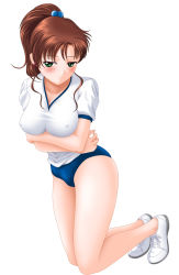  1990s_(style) 1girl bishoujo_senshi_sailor_moon blush breast_hold breasts brown_hair buruma earrings covered_erect_nipples g-sprite green_eyes gym_uniform hair_bobbles hair_ornament highres jewelry kino_makoto kneeling large_breasts legs ponytail solo white_background  rating:Questionable score:24 user:danbooru