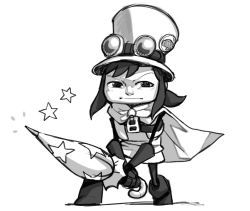  1other a_hat_in_time boots borvar cape closed_umbrella crossover full_body fusion gloves goggles goggles_on_headwear greyscale hat hat_kid highres knee_boots monochrome psychonauts razputin_aquato solo top_hat umbrella zipper  rating:Sensitive score:13 user:danbooru