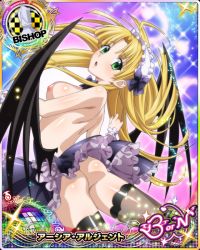  1girl ahoge asia_argento ass bat_wings blonde_hair blush breasts butt_crack card_(medium) floating_hair green_eyes headdress high_school_dxd long_hair looking_back medium_breasts mobage nipples open_mouth ribbon skirt solo thighhighs topless wings  rating:Explicit score:24 user:Watapono