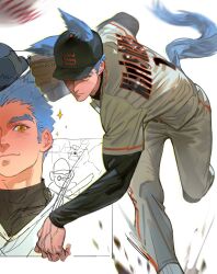  1boy animal_ears ball baseball_cap baseball_glove baseball_uniform blue_hair blue_octopus12 character_request closed_mouth copyright_request dynamic_pose feet_out_of_frame hat highres layered_sleeves leaning_forward looking_ahead looking_at_viewer male_focus multiple_views muscular muscular_male orange_eyes pants portrait shirt short_hair simple_background sportswear tail veins veiny_hands very_short_hair white_pants white_shirt wind wolf_boy wolf_ears wolf_tail 