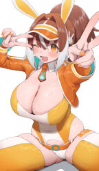  1girl animal_ears breasts brown_hair character_request cleavage copyright_request cropped_jacket double_v fake_animal_ears fingernails highres huge_breasts jacket large_breasts long_sleeves looking_at_viewer micro_shorts multicolored_hair multicolored_thighhighs nail_polish necktie nekoshoko one_eye_closed open_mouth orange_eyes orange_jacket orange_nails orange_necktie plump ponytail rabbit_ears short_necktie shorts skindentation smile solo streaked_hair thighhighs v visor_cap white_hair white_shorts white_thighhighs yellow_thighhighs 