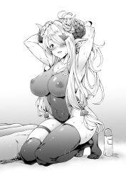 10s 1girl armpits arms_behind_head arms_up asymmetrical_legwear blush breasts covered_erect_nipples covered_navel double_bun draph granblue_fantasy greyscale hair_ornament hair_over_one_eye highres horns impossible_clothes impossible_swimsuit kneeling large_breasts looking_at_viewer monochrome mushi024 narmaya_(granblue_fantasy) perky_breasts pointy_ears sidelocks smile solo sweat swimsuit thigh_strap thighhighs uneven_legwear rating:Questionable score:46 user:danbooru