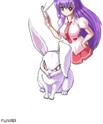  1girl absurdres animal_ears breasts bright_pupils collared_shirt dated gun highres holding holding_gun holding_weapon large_breasts long_hair medium_breasts necktie pink_skirt profitshame purple_hair rabbit rabbit_ears red_eyes red_necktie reisen_udongein_inaba reisen_udongein_inaba_(bunny) shirt short_sleeves signature simple_background skirt touhou weapon white_background white_pupils white_shirt 