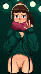  1girl blush brown_eyes cleft_of_venus closed_mouth everyfrost garter_straps gluteal_fold green_background grey_shirt headphones lofi_girl lofi_girl_(youtube) looking_at_viewer navel no_panties ponytail pussy scarf shirt solo standing thigh_gap thighhighs uncensored w wavy_mouth  rating:Explicit score:15 user:EveryFrost