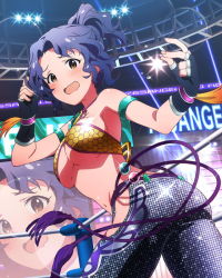  1girl artist_request ass blue_hair breasts brown_eyes christie_monteiro christie_monteiro_(cosplay) company_connection cosplay fingerless_gloves gloves idolmaster idolmaster_million_live! large_breasts midriff namco official_art smile solo tekken toyokawa_fuka underboob 