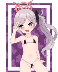  1girl :d alternate_costume arm_support armpits bikini black_bikini blue_archive breasts cleavage collarbone commentary english_commentary gluteal_fold grey_hair groin hair_ornament hair_scrunchie halo highres kaze_(2kaze5) long_hair looking_at_viewer micro_bikini mutsuki_(blue_archive) navel open_mouth parted_bangs pointy_ears purple_background purple_eyes scrunchie side_ponytail sidelocks simple_background sitting small_breasts smile solo spaghetti_strap stomach swimsuit v 