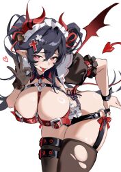  1girl belt_bra bent_over between_breasts black_gloves black_hair black_shorts blush breasts cross cross_earrings cross_hair_ornament demon_girl demon_horns demon_tail earrings fang garter_straps gloves hair_between_eyes hair_ornament hair_ribbon heart heart-shaped_pupils horns jewelry jiu_ye_sang large_breasts long_hair looking_at_viewer maid_headdress micro_shorts o-ring ok_sign original pointy_ears puffy_short_sleeves puffy_sleeves red_eyes red_horns red_ribbon red_tail red_wings ribbon saliva short_sleeves shorts simple_background single_glove skin_fang solo strap_between_breasts symbol-shaped_pupils tail thigh_strap thighhighs tongue tongue_out torn_clothes torn_thighhighs twintails white_background wings x_hair_ornament 