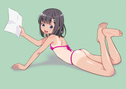  1girl arm_support ass asunaro barefoot bikini black_hair blue_eyes breasts feet from_side full_body hair_ornament hairclip highres holding legs_up loli looking_back lying micro_bikini on_stomach one-piece_tan open_mouth original paper pink_bikini short_hair simple_background small_breasts smile soles solo swimsuit tan tanline toes  rating:Questionable score:49 user:danbooru