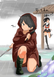  &gt;:) 10s 2girls androgynous bare_shoulders black_eyes black_gloves black_hair crossed_arms flower gloves highres holding holding_sword holding_weapon hydrangea kantai_collection kneeling kunai looking_at_viewer looking_to_the_side miniskirt mogami_(kancolle) multiple_girls on_one_knee open_mouth overcast pleated_skirt rain raincoat remodel_(kantai_collection) scarf sendai_(kancolle) short_hair short_sword single_thighhigh skirt sky smile smug standing standing_on_one_leg swept_bangs sword tama_(artist) tama_(tamago) thighhighs v-shaped_eyebrows weapon white_scarf 