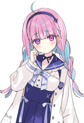 1girl :&lt; ahoge anchor_hair_ornament blue_bow blue_bowtie blue_choker blue_hair blue_hairband blue_sailor_collar blue_skirt blunt_bangs blush bow bowtie braid breasts choker closed_mouth colored_eyelashes colored_inner_hair dot_nose fanged_bangs frilled_sailor_collar frills fukahire_(ruinon) hair_ornament hairband head_tilt high-waist_skirt highres hololive jacket long_sleeves looking_at_viewer medium_breasts minato_aqua minato_aqua_(sailor) miniskirt multicolored_hair open_clothes open_jacket pink_hair pleated_skirt purple_eyes ribbon_choker sailor_collar sailor_shirt school_uniform see-through serafuku shirt simple_background sketch skirt solo streaked_hair suspender_skirt suspenders twin_braids two-tone_hair underbust virtual_youtuber white_background white_jacket white_shirt