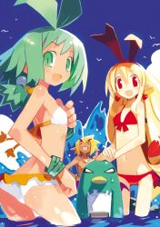  &gt;_&lt; 1boy 2girls :d absurdres akutare_(disgaea) angry antenna_hair ass back bikini bird blonde_hair blue_sky blush bracelet clenched_hand closed_eyes cloud day demon_boy disgaea earrings fallen_angel fang flat_chest flonne flonne_(fallen_angel) frilled_bikini frills from_side front-tie_bikini_top front-tie_top green_eyes green_hair hair_between_eyes hair_ribbon hair_tie hairband hand_on_another&#039;s_head hand_on_own_hip happy harada_takehito heart heart_earrings highres jewelry kurtis_(disgaea) long_hair looking_at_viewer looking_back low_ponytail marona_(phantom_brave) multiple_girls navel nippon_ichi no_pupils non-web_source official_art open_mouth outdoors own_hands_together penguin phantom_brave photoshop_(medium) pointy_ears ponytail pouch prinny red_bikini red_eyes ribbon seagull short_hair sidelocks skinny sky slit_pupils smile spiked_hair standing stitches swimsuit thick_eyebrows thumbs_up topless_male very_long_hair 