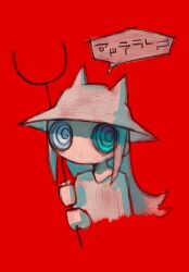  1girl @_@ aqua_eyes canvas_texture cat_ear_helmet cat_helmet colored_skin cropped_torso hat highres holding holding_staff leoleonardk10 looking_to_the_side no_mouth no_nose red_background red_theme shimeji_simulation shirt sketch solo staff the_gardener_(shimeji_simulation) thought_bubble upper_body white_hat white_shirt white_skin 