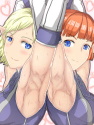00s 2girls armpits arms_up back-to-back blonde_hair blue_eyes elf elvaan final_fantasy final_fantasy_xi highres multiple_girls nekoshi pointy_ears smile rating:Questionable score:19 user:a1a2a3