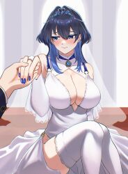  1girl alternate_costume averting_eyes bare_shoulders blue_eyes blue_gemstone blue_hair blue_nails blush breasts bridal_gauntlets bridal_veil closed_mouth commentary dress eipanguino embarrassed english_commentary feet_out_of_frame fingernails furrowed_brow gem hair_between_eyes hair_intakes heart-shaped_gem highres holding_hands hololive hololive_english large_breasts long_fingernails medium_hair nail_polish ouro_kronii pov pov_hands sitting sleeveless sleeveless_dress solo_focus thighhighs tiara veil virtual_youtuber wavy_mouth wedding_dress white_dress white_thighhighs white_veil wolf_cut 