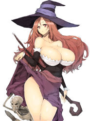 1girl bare_shoulders breasts brown_hair bursting_breasts cleavage clothes_lift dragon&#039;s_crown dress dress_lift hat highres huge_breasts long_hair no_panties red_eyes side_slit skeleton solo sorceress_(dragon&#039;s_crown) staff thigh_gap thighs whoosaku witch_hat rating:Questionable score:102 user:danbooru