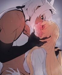  2girls animal_ears bare_shoulders black_gloves black_hairband blonde_hair blue_eyes blue_vest blush body_markings breast_press caenis_(fate) closed_eyes dark-skinned_female dark_skin elbow_gloves extra_ears fate/grand_order fate_(series) french_kiss full-face_blush genderswap genderswap_(mtf) gloves grabbing_another&#039;s_chin grey_background grey_shirt hair_between_eyes hair_intakes hairband halterneck hand_in_another&#039;s_hair hand_on_another&#039;s_chin hand_on_another&#039;s_hip height_difference highres horse_ears kirschtaria_wodime kiss long_hair long_sleeves looking_at_another looking_down multiple_girls muscular muscular_female open_mouth ponytail ponytail_holder sabamori saliva shirt simple_background steaming_body tearing_up teeth tongue trembling upper_body upper_teeth_only vest white_gloves white_hair yuri  rating:Questionable score:42 user:danbooru