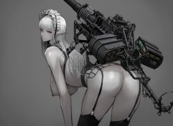  1girl absurdres albino ammunition_box ass bent_over breasts frilled_hairband frills from_behind garter_straps grey_background hairband highres huge_weapon jittsu large_breasts long_hair looking_at_viewer nude original pointy_ears red_eyes sideboob simple_background solo thighhighs weapon white_hair 