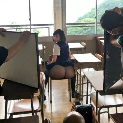  1girl asian ass classroom highres japanese_(nationality) kuramochi_yuka looking_back panties pantyhose photo_(medium) school school_uniform short_hair sitting underwear uniform 
