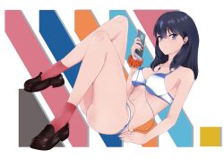  1girl :| absurdres arm_support bikini black_hair blue_bikini blue_eyes brown_footwear cellphone chark14 closed_mouth earphones gluteal_fold gridman_universe hair_between_eyes highres holding holding_phone knees_up listening_to_music loafers long_hair looking_at_viewer midriff multicolored_background navel orange_scrunchie phone pink_socks reclining scrunchie shoes smartphone socks solo spotify ssss.gridman stomach swimsuit takarada_rikka thick_thighs thighs white_bikini wrist_scrunchie  rating:Sensitive score:26 user:danbooru