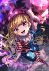  1girl american_flag american_flag_print aokihatoba_01 blonde_hair clownpiece flag_print hat highres holding holding_torch jester_cap long_hair looking_at_viewer open_mouth polka_dot_headwear puffy_short_sleeves puffy_sleeves purple_eyes purple_hat short_sleeves smile solo star_(symbol) star_print torch touhou wings 