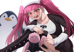 1girl arms_behind_back artist_request bad_anatomy black_bow black_dress bleach blunt_bangs blush bow breasts collarbone dokugamine_riruka dress eyelashes hat highres long_hair long_sleeves looking_at_viewer medium_breasts mistowing open_mouth red_eyes red_hair simple_background single_sidelock sitting smile solo straight_hair stuffed_animal stuffed_toy twintails upper_body v-shaped_eyebrows very_long_hair white_hat