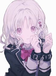  1girl black_jacket blonde_hair blush bow bowtie collared_shirt cuffs diabolik_lovers flower from_above hair_flower hair_ornament hano_luno highres jacket komori_yui long_hair long_sleeves looking_at_viewer meme pink_bow pink_bowtie pink_eyes pink_flower shirt simple_background solo tears twitter_rabbit_ears_(meme) upper_body white_background white_flower white_shirt wing_collar 