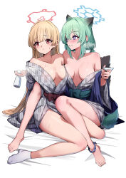  2girls absurdres animal_ears bath_yukata blonde_hair blue_archive blue_halo blush breasts closed_mouth collarbone cup extra_ears green_hair grey_kimono grin hair_between_eyes halo highres holding holding_cup japanese_clothes kimono long_hair medium_breasts medium_hair multiple_girls nodoka_(blue_archive) nodoka_(hot_spring)_(blue_archive) obi official_alternate_costume pizzasi purple_eyes red_eyes red_halo sash shigure_(blue_archive) shigure_(hot_spring)_(blue_archive) simple_background smile socks tail toes weasel_ears weasel_tail white_background white_socks yukata 