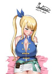  1girl artist_name blonde_hair blush breasts brown_eyes cleavage cleavage_cutout closed_mouth clothing_cutout collarbone dated fairy_tail hair_between_eyes hair_ornament hair_over_one_eye hair_ribbon highres jacket large_breasts long_hair long_sleeves looking_at_viewer lucy_heartfilia madsdross miniskirt open_clothes open_jacket open_shirt parted_lips ribbon skirt very_long_hair wide_hips 